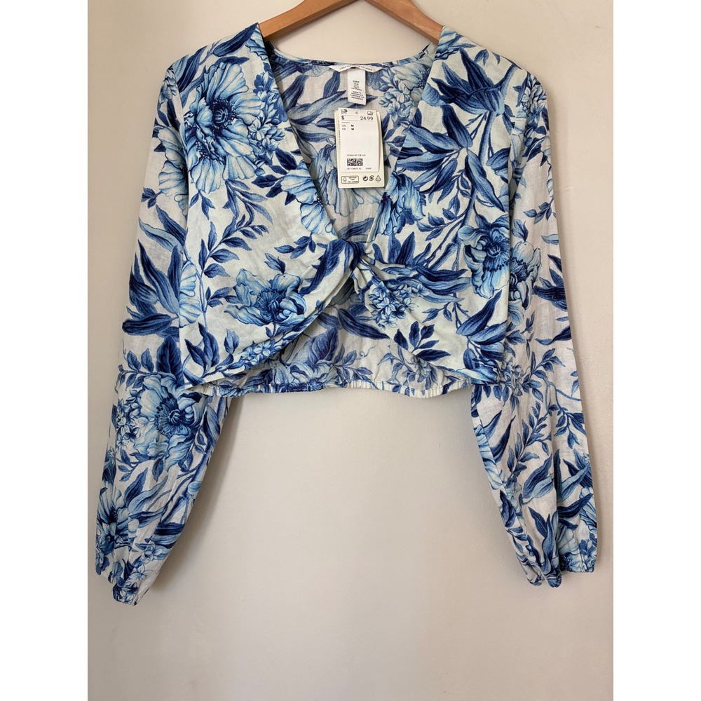 H&M Linen Blend Floral Twist Front Crop Top Blue White Long Sleeve M